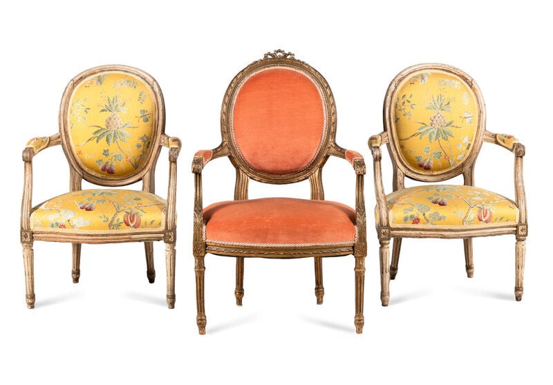 A Pair of Louis XVI Painted Fauteuils: A Pair of Louis XVI Painted Fauteuils 18th Century together with a later painted fauteuil. Height of pair 35 1/4 x width 23 x depth 19 inches; height of later example 38 3/4 x width 24 x depth 24 inch