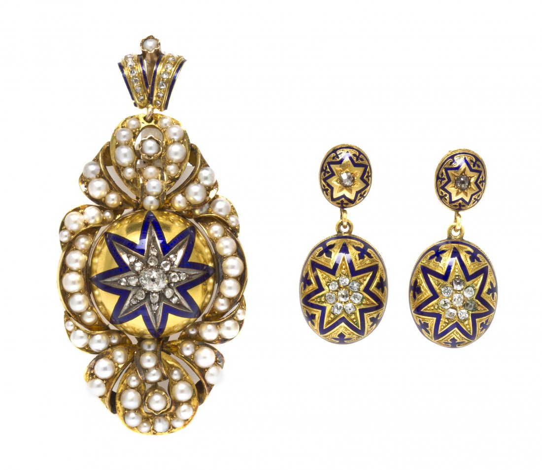 A Victorian Yellow Gold, Pearl, Diamond and Enamel : A Victorian Yellow Gold, Pearl, Diamond and Enamel Demi Parure, consisting of a pendant containing one old mine cut diamond weighing approximately 0.30 carat and numerous rose cut diamonds weighing ap