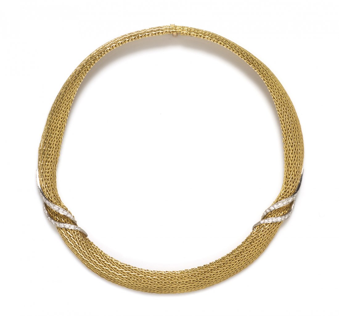 An 18 Karat Yellow Gold and Diamond Mesh Collar Ne: An 18 Karat Yellow Gold and Diamond Mesh Collar Necklace, containing 36 round brilliant cut diamonds weighing approximately 2.00 carats total and 12 single cut diamonds set in a double wave design on