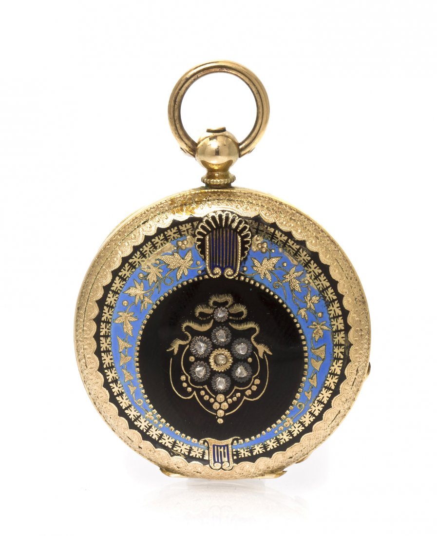 A Yellow Gold and Polychrome Enamel Hunter Case Ke: A Yellow Gold and Polychrome Enamel Hunter Case Key Wound Pocket Watch, Swiss, 37.00 mm case diameter, porcelain dial, Roman numerals, blued steel morning glory hands, intricately engraved dial cover 