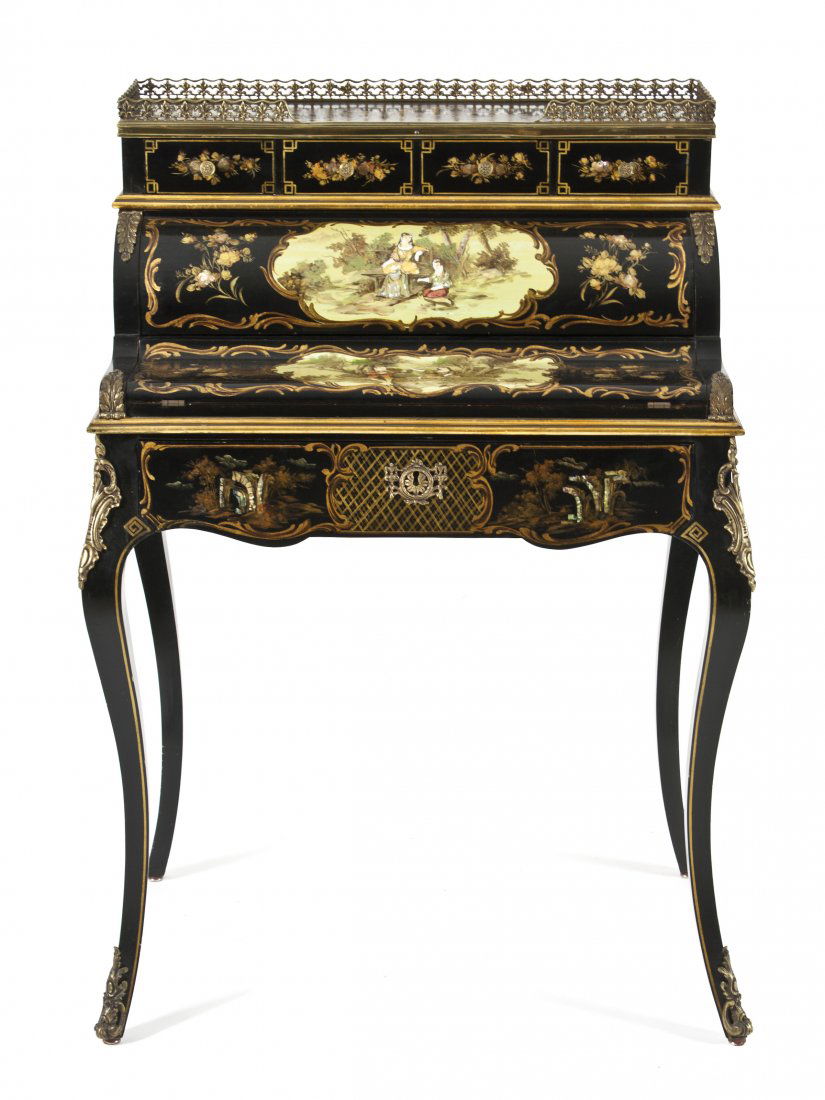 A Louis XVI Style Lacquered, Gilt and Mother-of-Pea: A Louis XVI Style Lacquered, Gilt and Mother-of-Pearl Inlaid Lady's Writing Desk, of rectangular form, having a pierced gallery over four short drawers above a C-shaped roll top opening to a fitted in