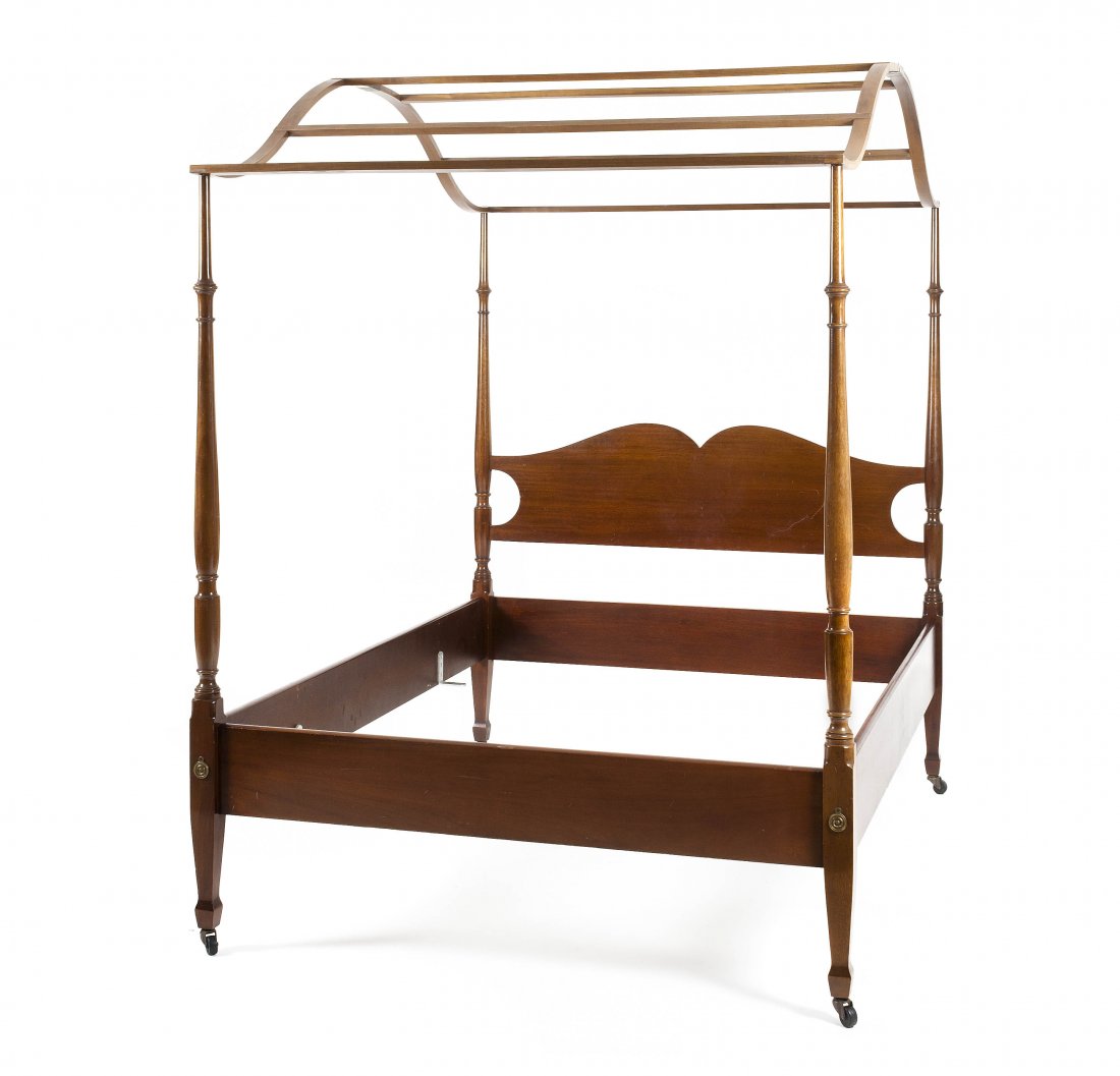 An American Mahogany Four Poster Bed, Biggs, Heigh: An American Mahogany Four Poster Bed, Biggs, having an arched canopy raised on fluted turned posts, together with a Chippendale style mahogany chest of drawers having a rectangular top over four gradu