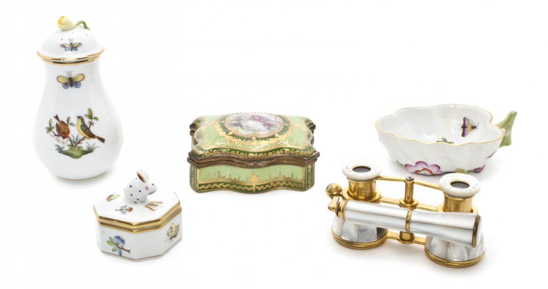 Three Herend Porcelain Articles, Height of caster : Three Herend Porcelain Articles, comprising two in the Rothschild Bird pattern including a caster and a leaf form dish, the third a small pill box with a rabbit finial, together with a Continental gil
