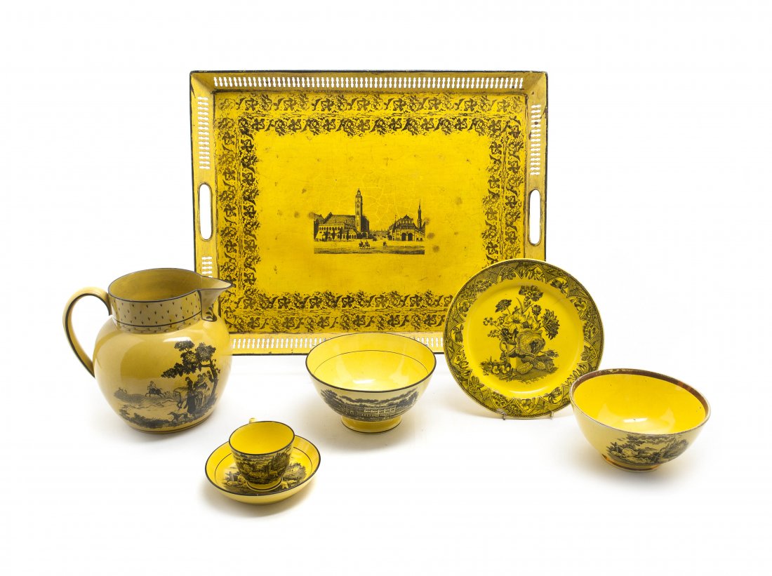 A Collection of Six Transfer Decorated Table Artic: A Collection of Six Transfer Decorated Table Articles, comprising a pitcher, two bowls, a plate, a cup with saucer and a Tole tray. Length of tray 20 inches.