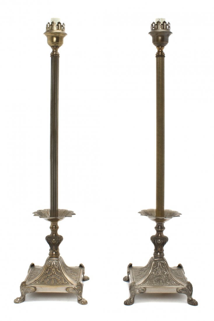 A Near Pair of Frederick Cooper Table Lamps, Heigh: A Near Pair of Frederick Cooper Table Lamps, having a reeded columnar standard, ending in a baluster form base, further set on a square base raised on acanthus leaf and paw feet. Height 27 1/2 inches.