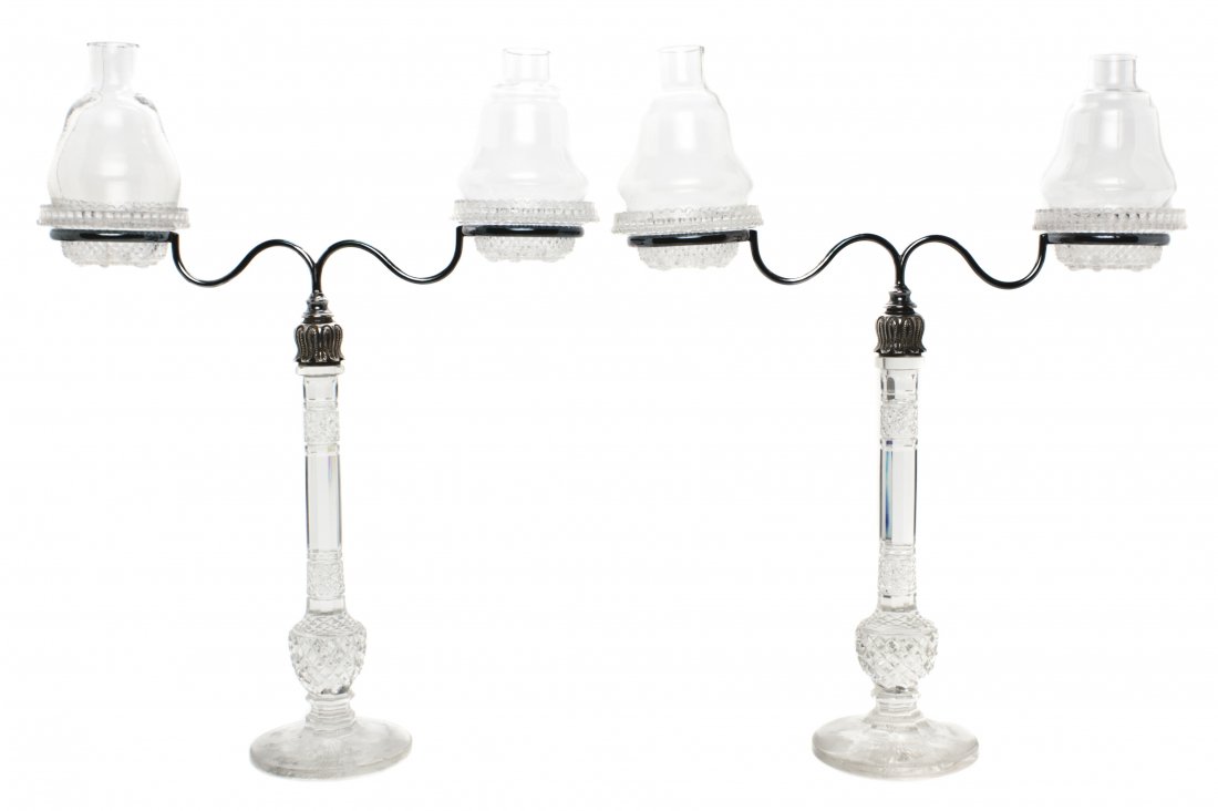 A Pair of Cut Glass Epergnes, Height 20 inches.: A Pair of Cut Glass Epergnes, having a baluster form standard with two scrolled silverplate arms issuing the Clarke's Cricklite glass bowls with glass hurricanes, raised on a circular foot. Height 20