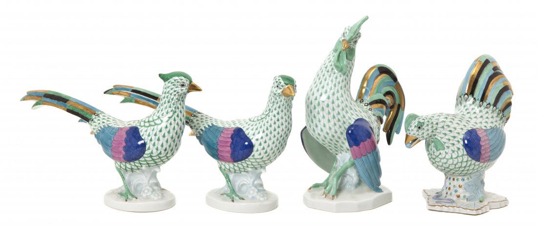 Two Pairs of Herend Porcelain Fishnet Articles, He: Two Pairs of Herend Porcelain Fishnet Articles, comprising a rooster, a hen, and two pheasants. Height of tallest 9 1/4 inches. Property from the Estate of Helen Ramsdell Bingham, West Palm Beach, Flo