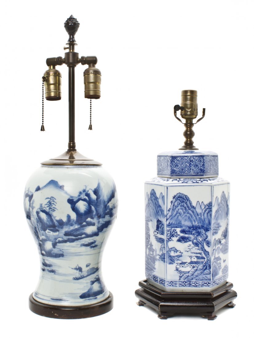 Two Chinese Porcelain Articles, Height of taller 1: Two Chinese Porcelain Articles, comprising a hexagonal ginger jar and a baluster form vase, each with blue on white decoration, mounted as lamps. Height of taller 10 inches. Property from a Private Co