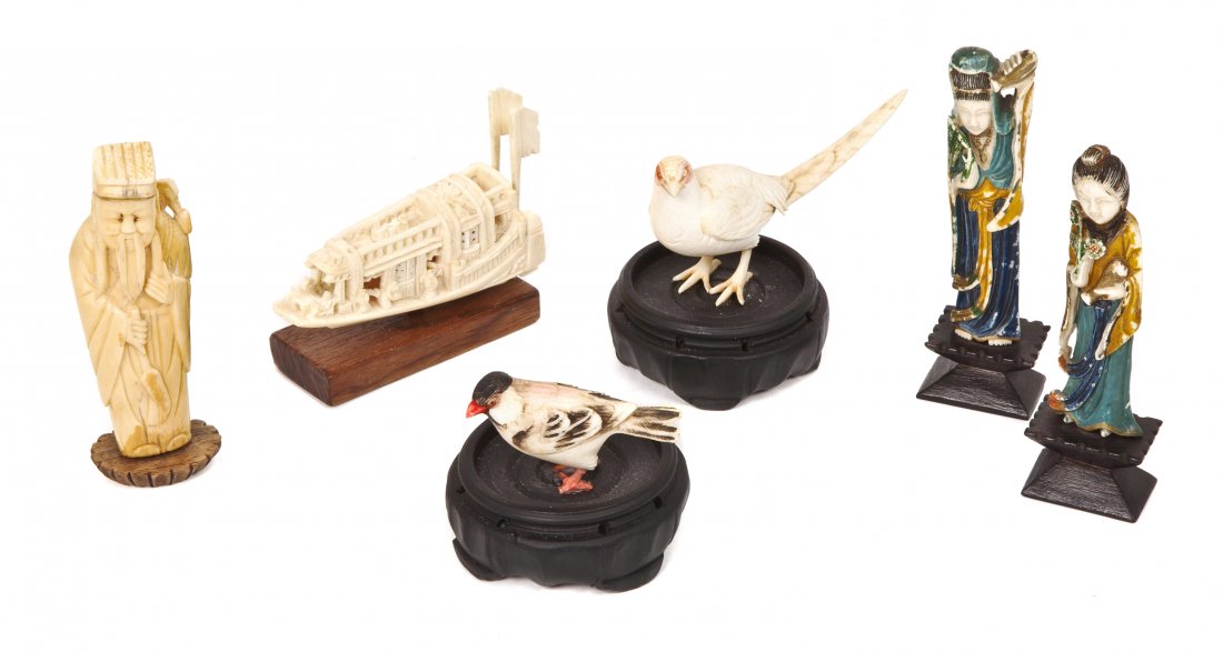 A Collection of Six Carved Ivory Items, Height of: A Collection of Six Carved Ivory Items, comprising a Chinese pleasure boat, two polychrome painted birds, and three figures. Height of tallest 4 1/4 inches.