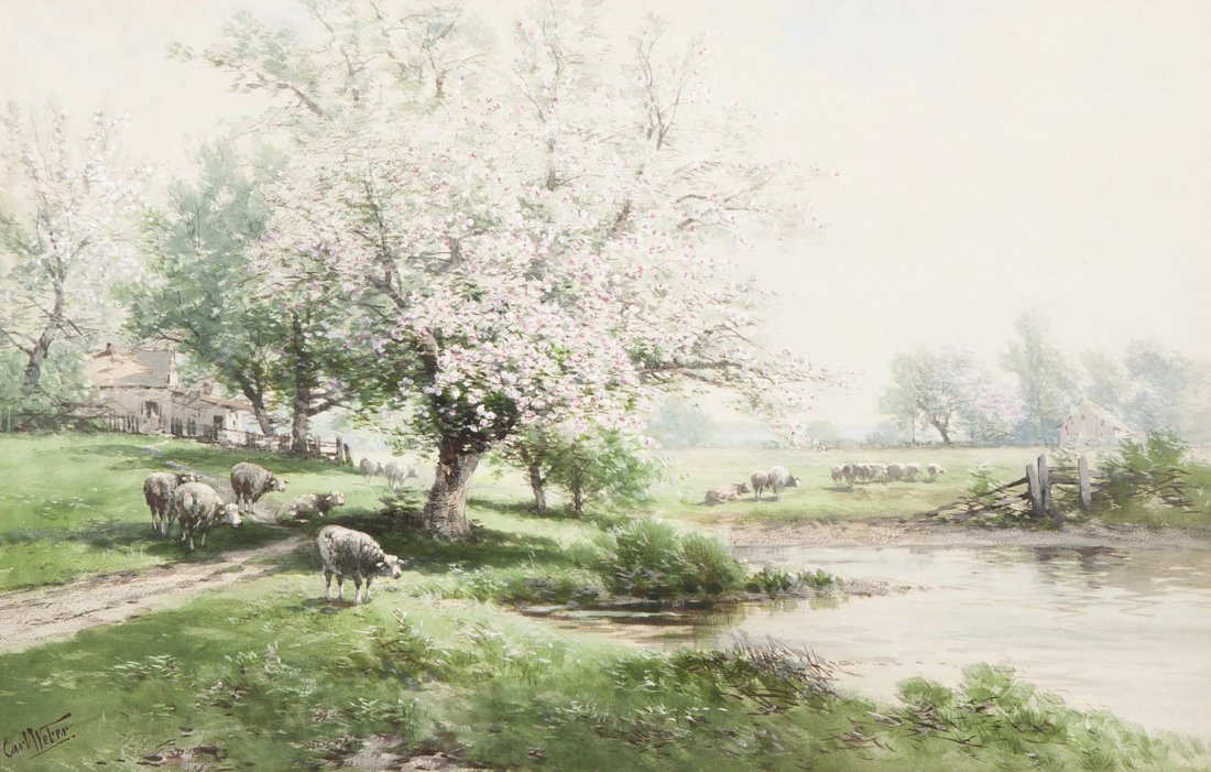 Carl Weber, (German, 1850-1921), Spring Pasture wi: Carl Weber (German, 1850-1921) Spring Pasture with Sheep watercolor on paper signed Carl Weber (lower left) 17 1/2 x 27 inches.