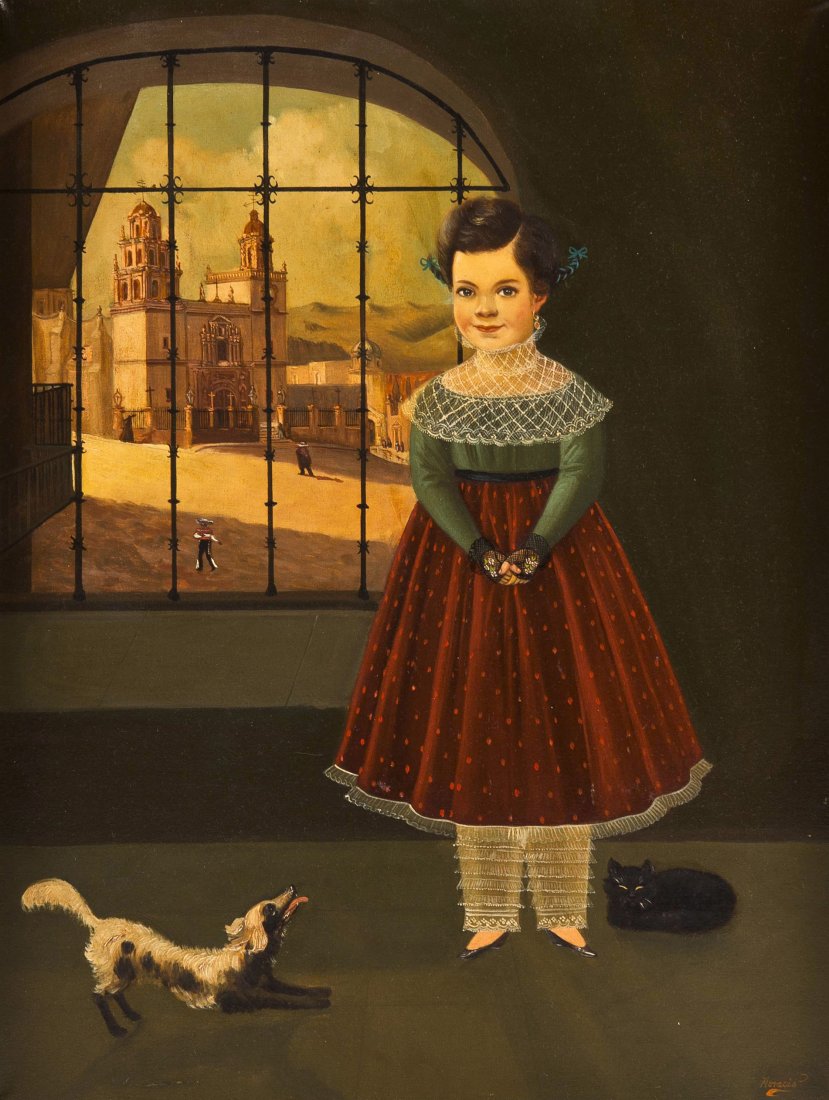 Horacio Renteria Rocha, (Mexican, 1912-1972), Port: Horacio Renteria Rocha (Mexican, 1912-1972) Portrait of a Girl with Dog oil on canvas signed Horacio (lower right) 23 x 17 1/2 inches. Property from the Collection of The Brogan Museu