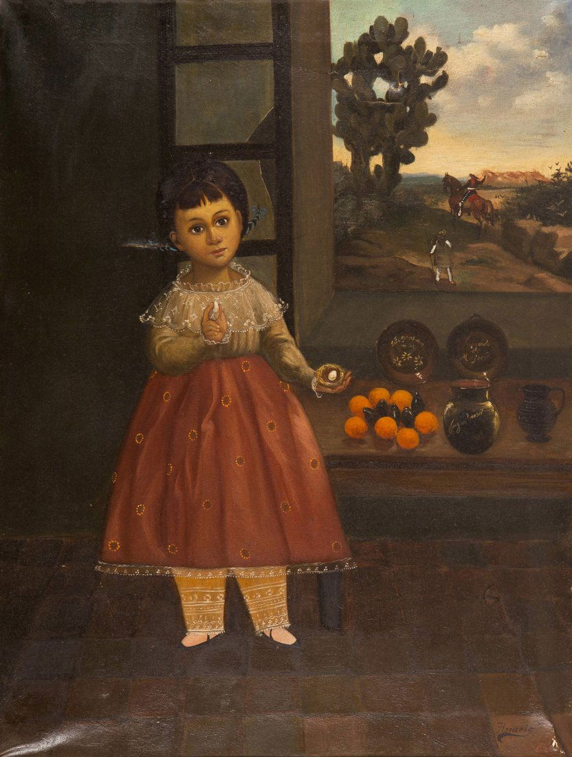 Horacio Renteria Rocha, (Mexican, 1912-1972), Port: Horacio Renteria Rocha (Mexican, 1912-1972) Portrait of a Girl in a Pink Skirt oil on canvas signed Horacio (lower right) 23 1/2 x 18 inches. Property from the Collection of The Broga