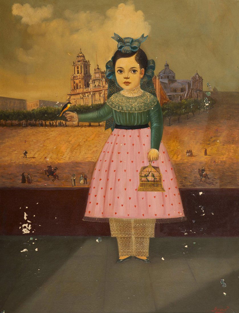 Horacio Renteria Rocha, (Mexican, 1912-1972), Port: Horacio Renteria Rocha (Mexican, 1912-1972) Portrait of a Girl with Bird's Nest oil on canvas signed Horacio (lower right) 23 1/2 x 18 inches. Property from the Collection of The Brog