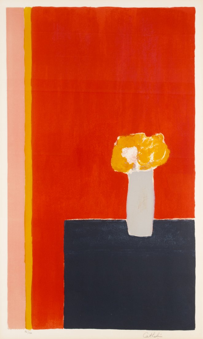 Bernard Cathelin, (French, 1919-2004), Abstract Re: Bernard Cathelin (French, 1919-2004) Abstract Red with Flowers, together with Roses d'Inde et Achileas lithograph each editioned, signed Cathelin (lower right) 22 1/2 x 37 1/4