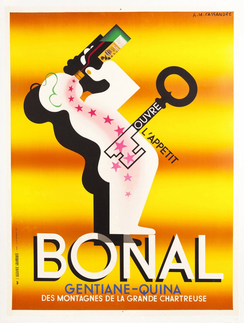 Adolphe Mouron Cassandre, (Ukranian/French, 1901-1: Adolphe Mouron Cassandre (Ukranian/French, 1901-1963) Bonal vintage poster 60 1/2 x 45 inches.