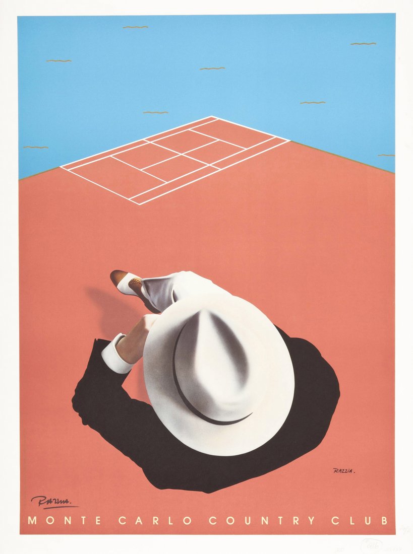 Gerard Courbouleix Razzia, (French, b. 1949), Cafe: Gerard Courbouleix Razzia (French, b. 1949) Cafe De Flore, together with Monte Carlo Country Club vintage poster each signed Razzia (lower left) 37 7/8 x 27 7/8 inches.
