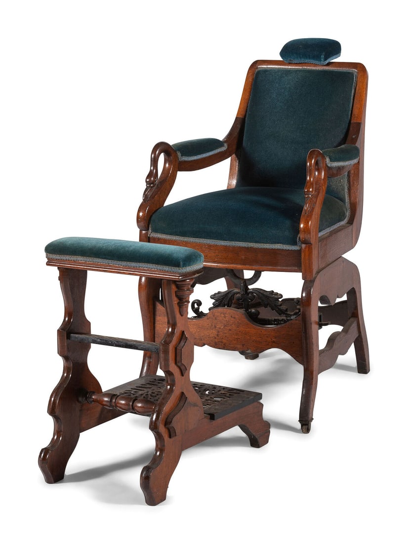 An Archer Velvet Upholstered Goose Neck Walnut Barber Chair and Footstool: An Archer Velvet Upholstered Goose Neck Walnut Barber Chair and Footstool Rochester, New York, Circa 1870s with maker's stamp on seat rail. Height of chair 44 inches.