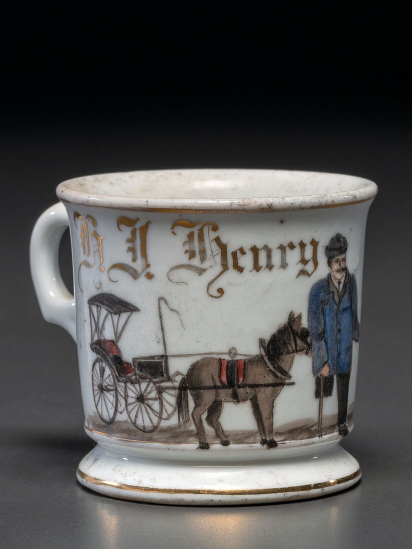 An Unusual Porcelain Occupational Shaving Mug Depicting a One-Legged Man (1 of 5)