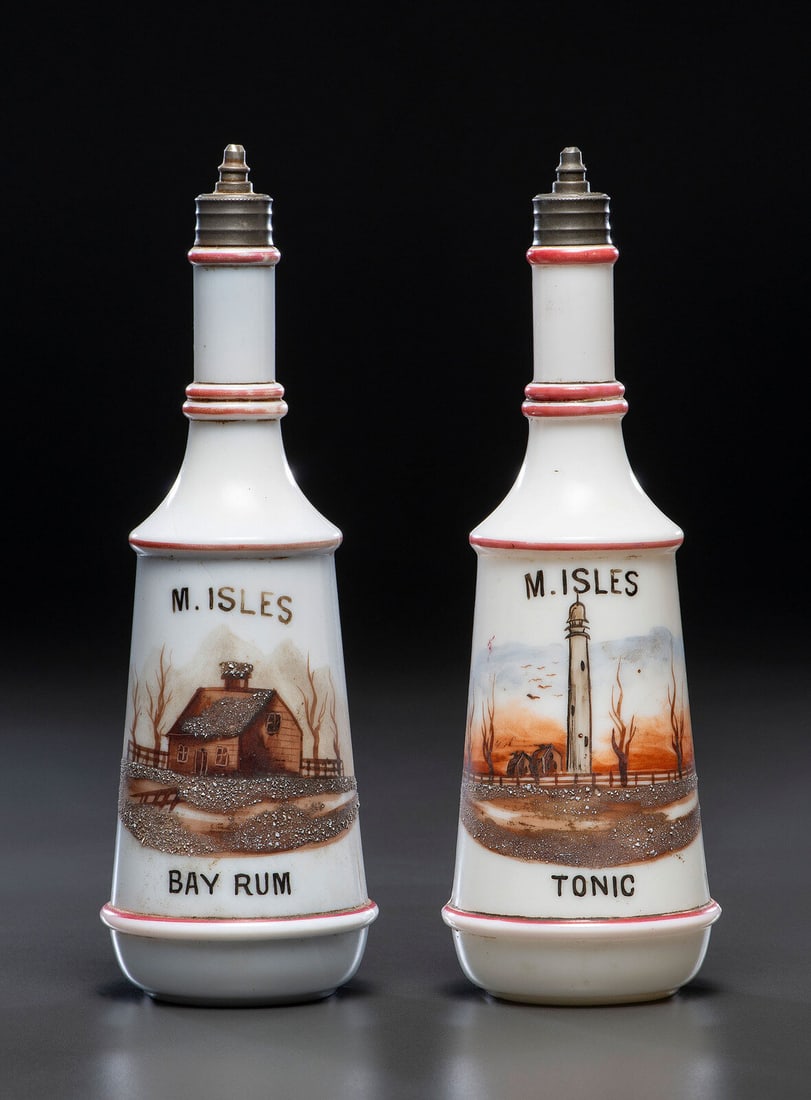 A Pair of Hand Painted Personalized Milk Glass Barber's Bottles (1 of 5)