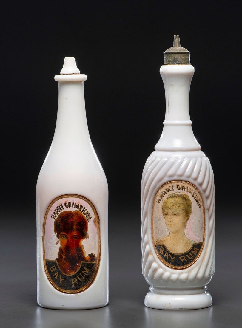 Two 'Label Under Glass' Personalized Milk Glass Barber Bottles (1 of 3)