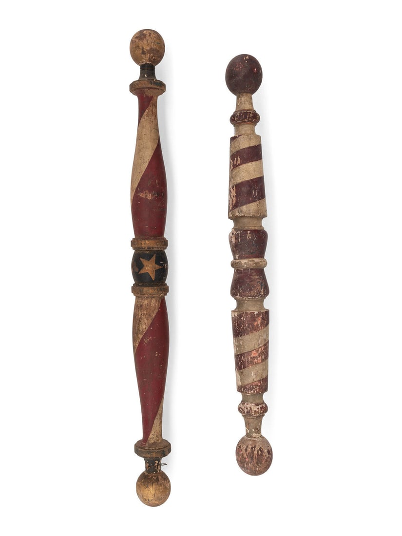 Two Polychrome Paint Decorated Wood Barber Poles (1 of 3)
