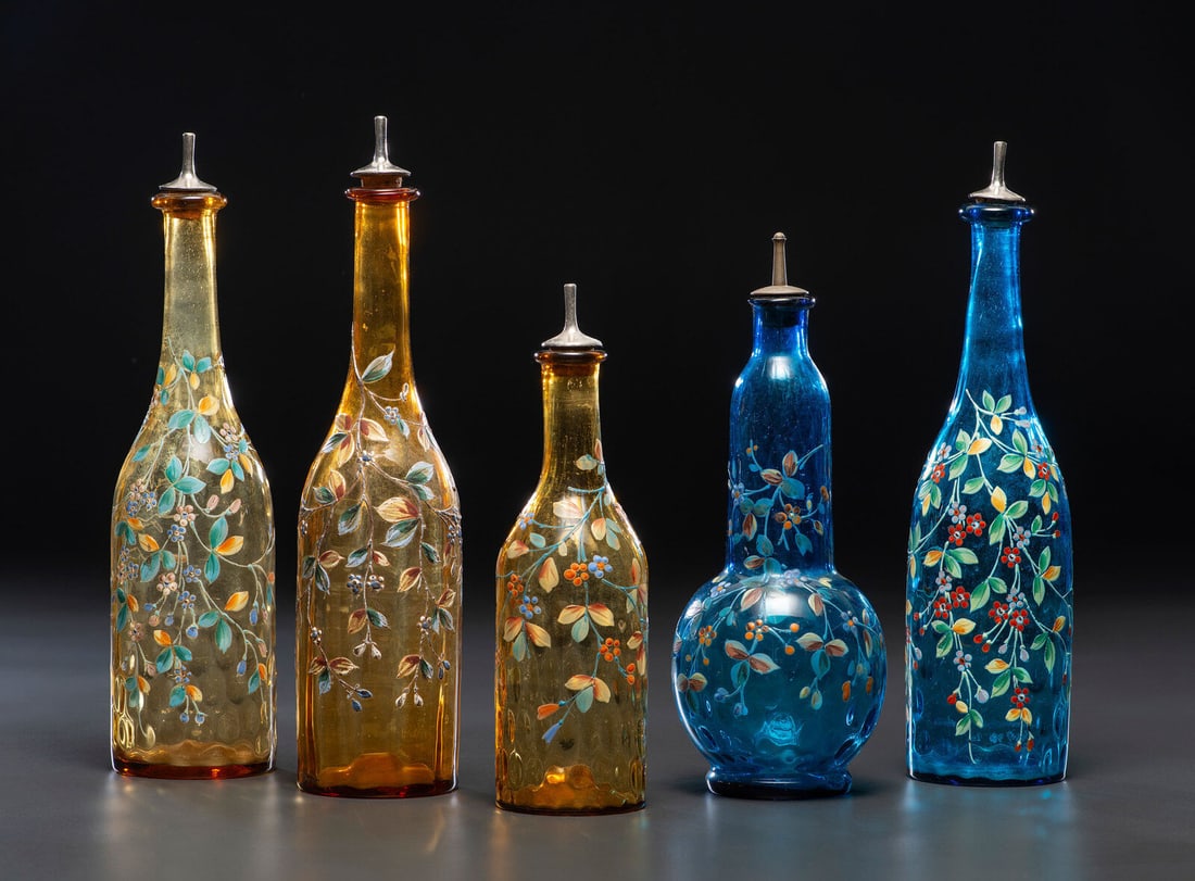 Five Paint and Enamel Decorated Glass Barber Bottles (1 of 5)