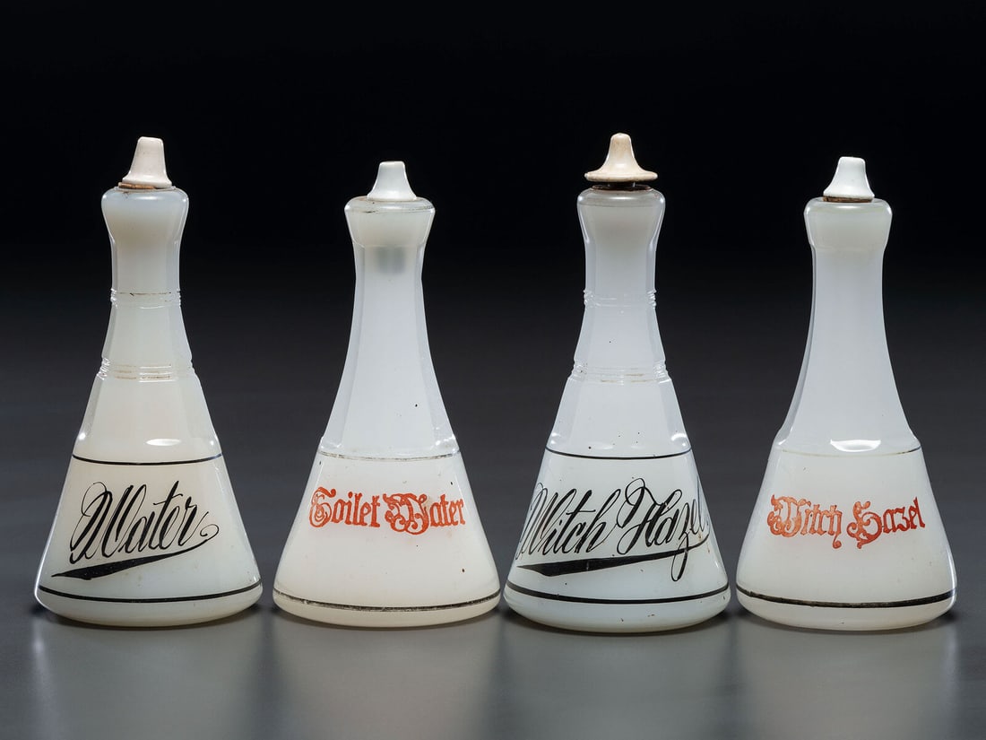 Four Milk Glass Barber Bottles with Ceramic Stoppers (1 of 3)