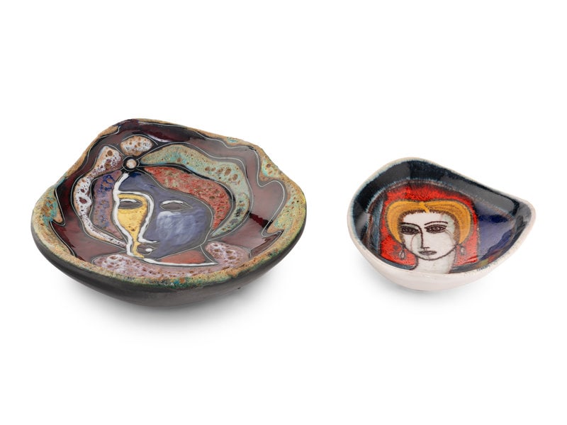 Alvino Bagni, Attribution Mid 20th Century Wall Plaque and Shallow Bowl/AshtrayRaymor, Italy: Alvino Bagni, Attribution Mid 20th Century Wall Plaque and Shallow Bowl/AshtrayRaymor, Italy glazed stoneware with manufacturer's label and Raymor mark to one example Largest | H 2 1/4 x Dia 3 1/2 inc