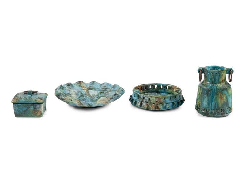 Alvino Bagni (Italian, 1919-2000) Group of Four Articles, c. 1960vase, lidded box, large ashtray, an: Alvino Bagni (Italian, 1919-2000) Group of Four Articles, c. 1960vase, lidded box, large ashtray, and bowlRaymor, Italy glazed stoneware underglazed signatures to each Largest | H 2 1/2 x Dia 11 inche
