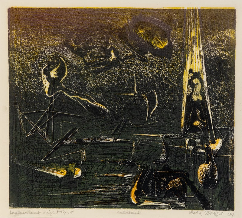 Boris Margo (American, 1902-1995) Malevolent Night, 1934: Boris Margo (American, 1902-1995) Malevolent Night, 1934 cellocut signed, dated, and numbered 30/35 in pencil 8 5/8 x 9 5/8 inches. Size 8 5/8 x 9 5/8 inches. <