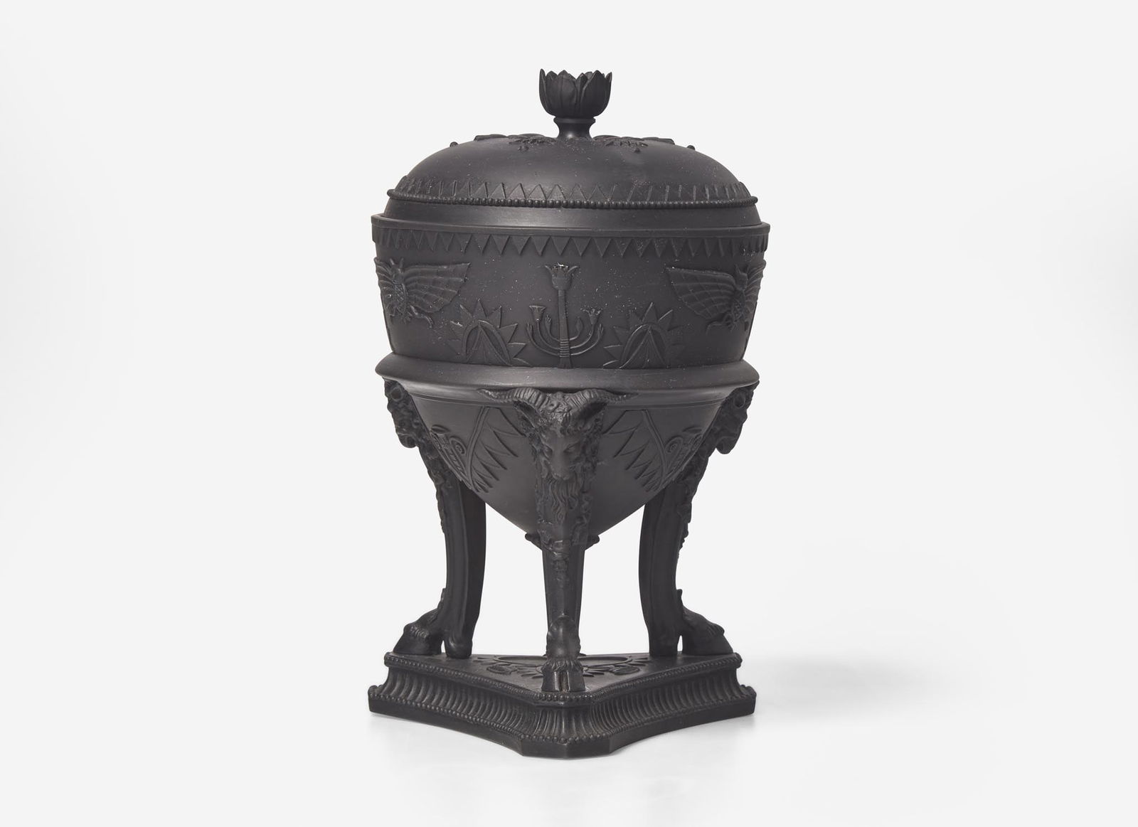 A Wedgwood Black Basalt Egyptian Revival Tripod Vase and Cover, UK, circa 1800 (1 of 3)