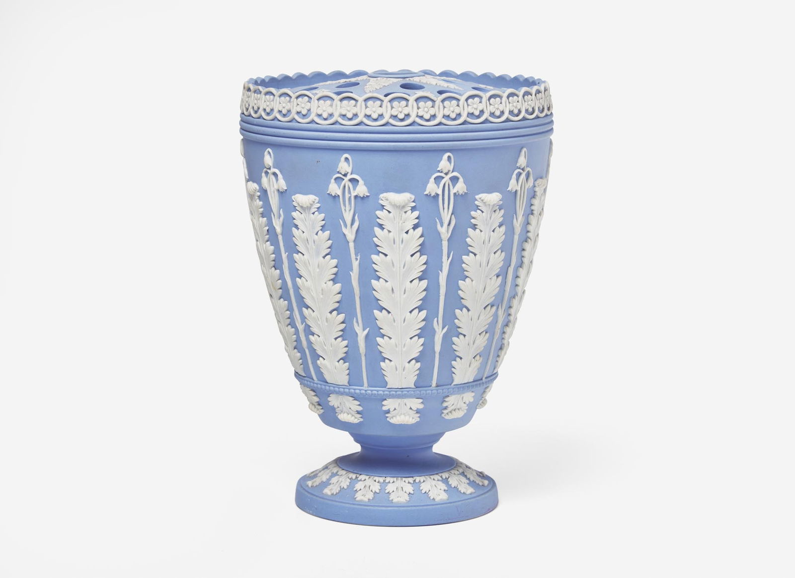A Wedgwood Solid Blue Jasperware Bough Pot and Cover, UK, circa 1800: A Wedgwood Solid Blue Jasperware Bough Pot and Cover, UK, circa 1800 Stoneware, metal hardware The body decorated the alternating acanthus leaf and bellflower pattern Impressed “WEDGWOOD”