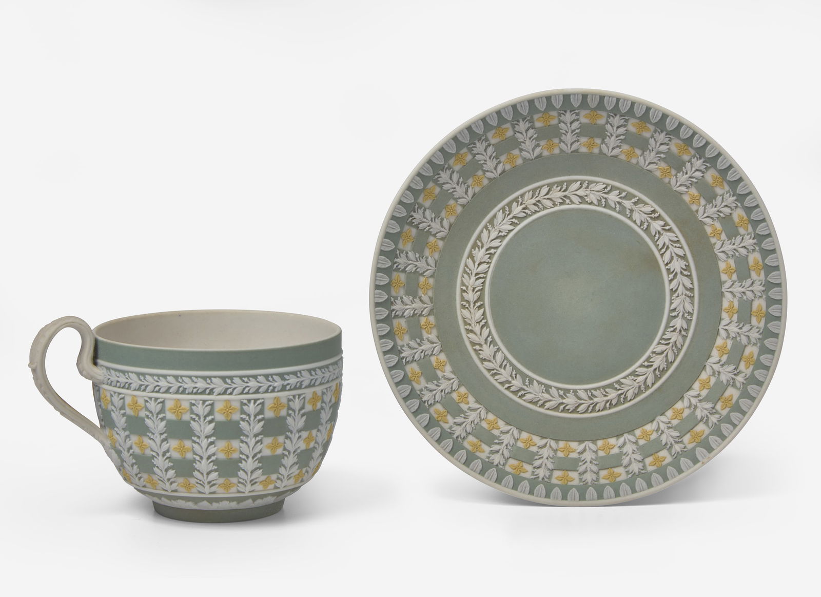 A Wedgwood Jasperware Tricolor Diced Ware Cup and Saucer, UK, circa 1820 (1 of 4)