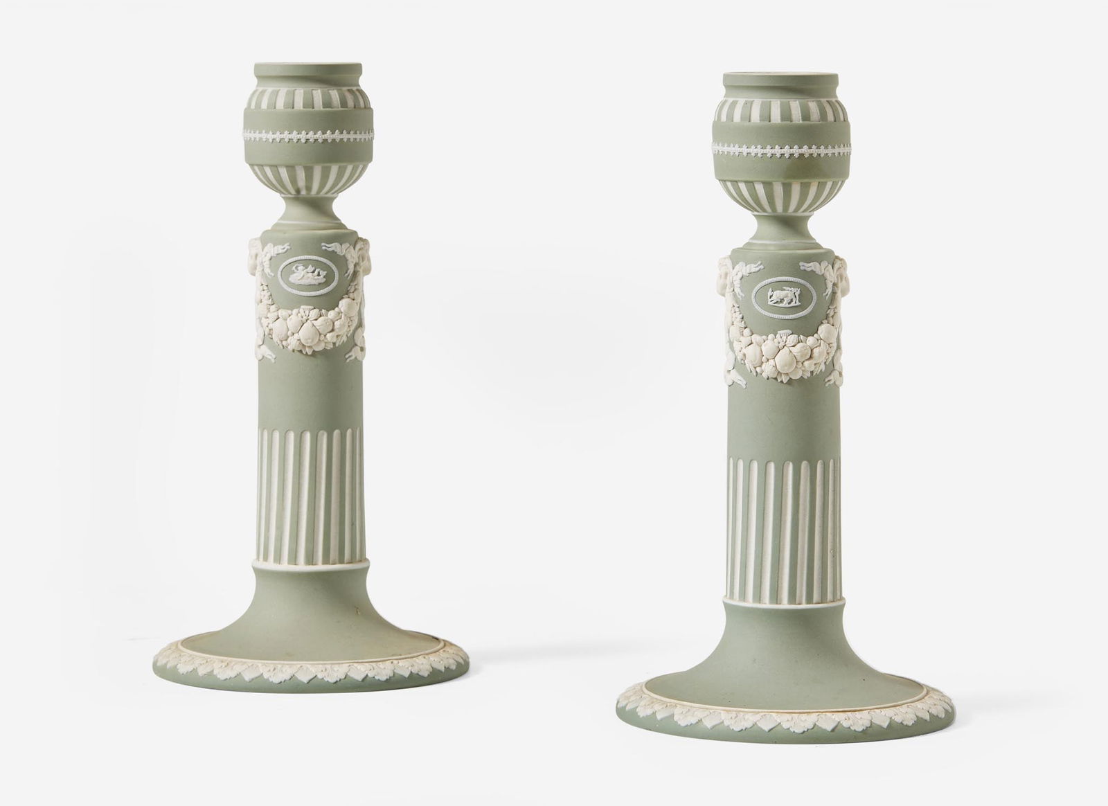 A Pair of Wedgwood Green Dip Jasperware Candlesticks, UK, late 19th century (1 of 3)