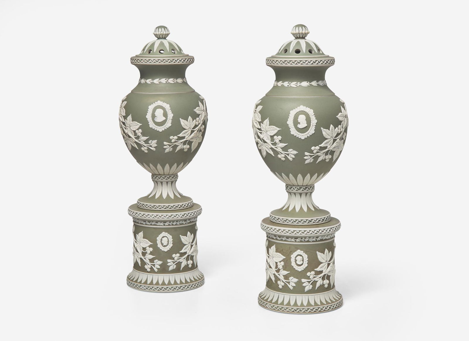 A Pair of Adams & Bromley Green Dip Jasperware Potpourri and Covers, UK, circa 1880 (1 of 3)