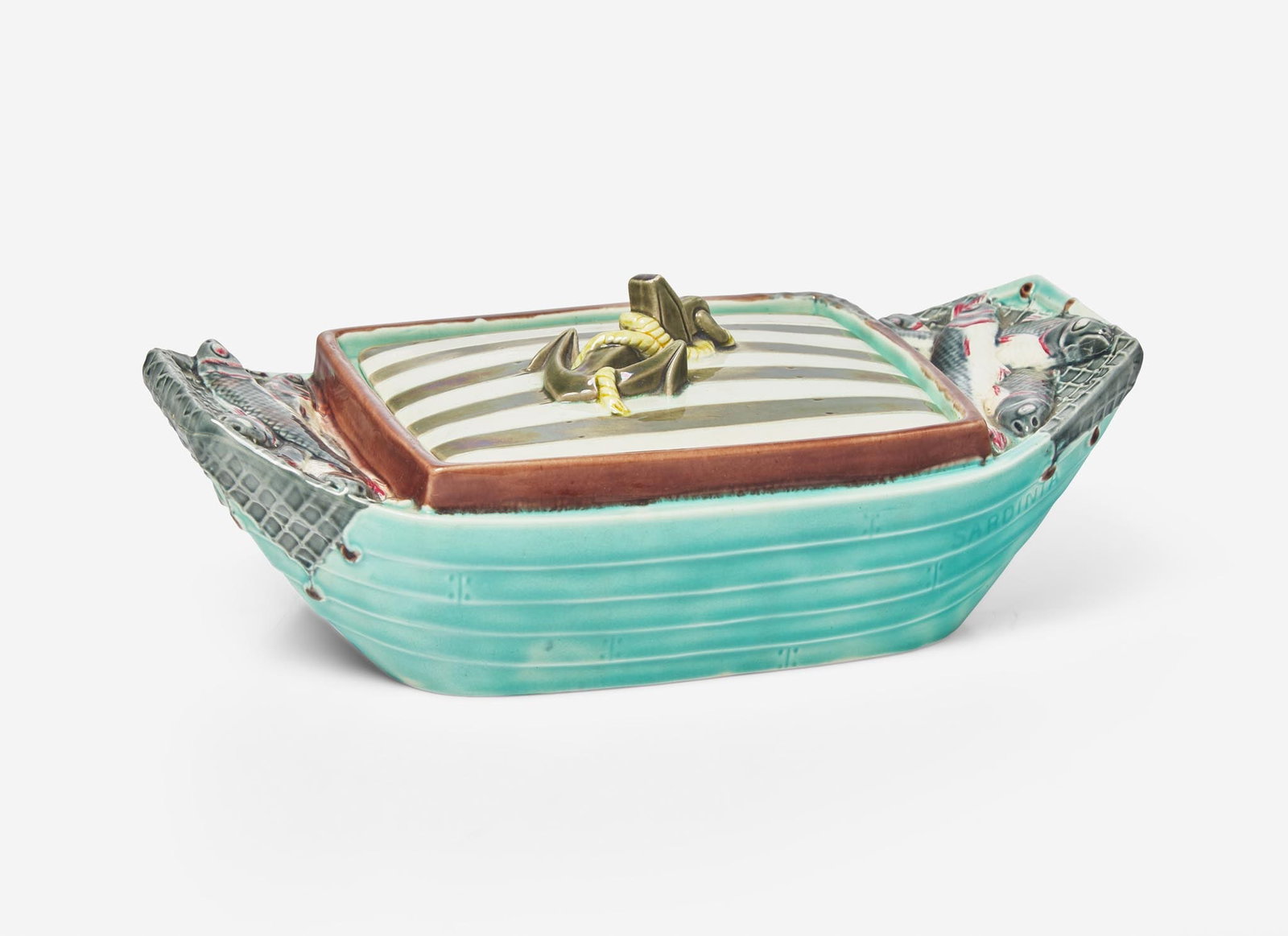 A Wedgwood Argenta Ware "Sardinia" Boat-Form Sardine Box, UK, 1878: A Wedgwood Argenta Ware "Sardinia" Boat-Form Sardine Box, UK, 1878 Majolica glazed earthenware Impressed “WEDGWOOD” “BFG” (date code for 1878); British registry mark; molded &#