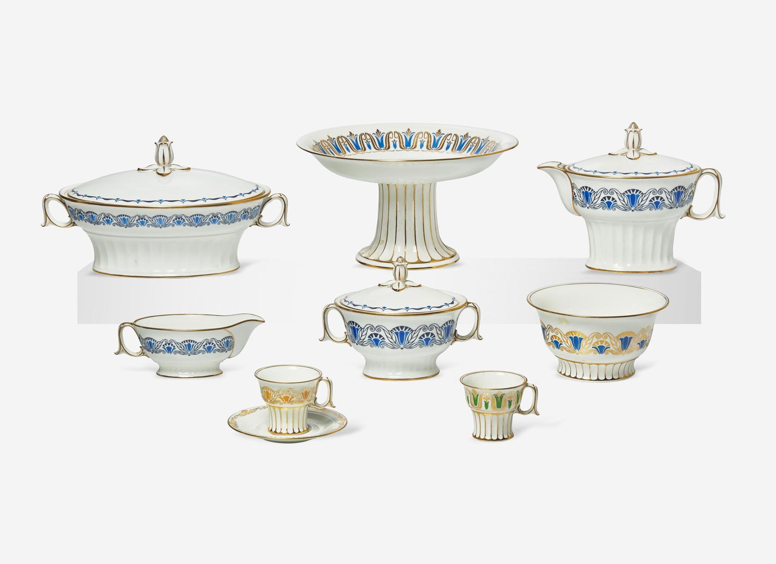 Eight Pieces of Wedgwood Paul Follot Designed Dinnerware, UK, 1920s: Eight Pieces of Wedgwood Paul Follot Designed Dinnerware, UK, 1920s Glazed and gilded bone china Comprising a tureen, compote, teapot, creamer, lidded sugar bowl, two demitasse cups and one demitasse