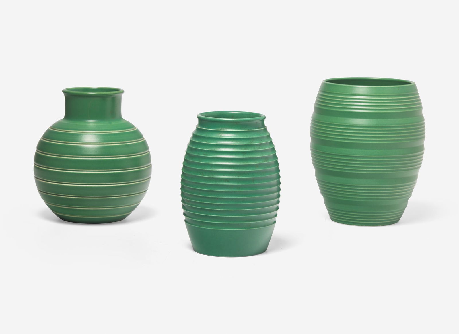 Three Wedgwood Keith Murray Designed Vase, UK, 1930s: Three Wedgwood Keith Murray Designed Vase, UK, 1930s Glazed stoneware Comprising two ovoid examples and one spherical, all glazed in Matt Green; designed Keith Murray (1892-1981) All three with impres
