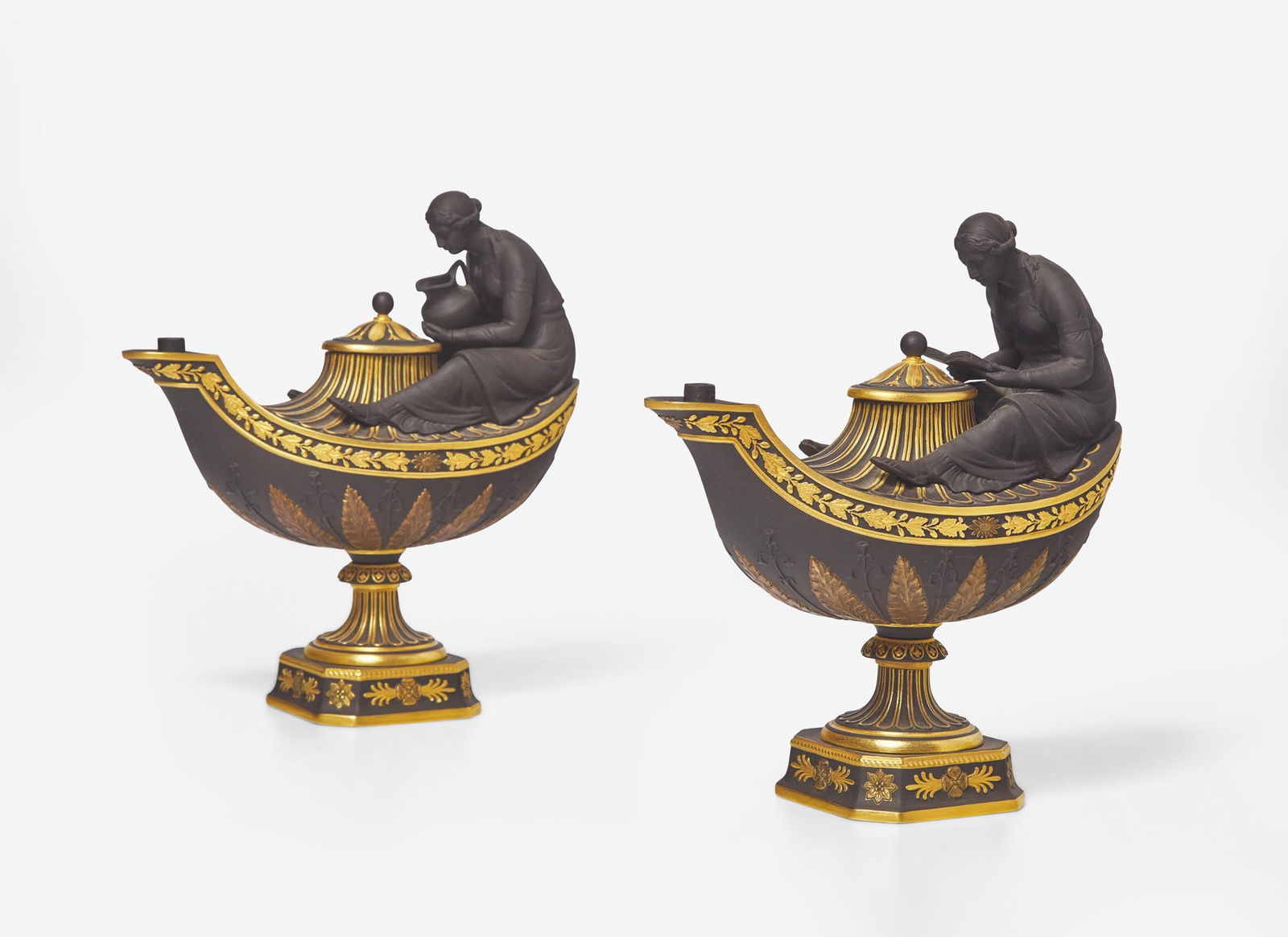 A Pair of Wedgwood Gilded Black Basalt Vestal Lamps, UK, 2000 (1 of 5)