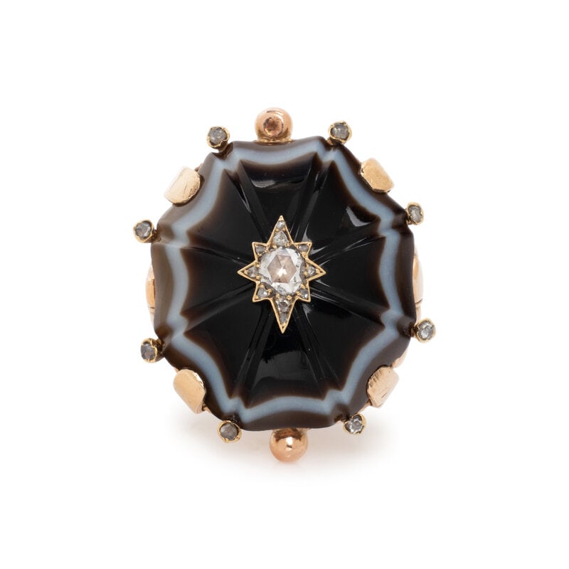 ANTIQUE, BICOLOR GOLD, AGATE AND DIAMOND RING (1 of 3)