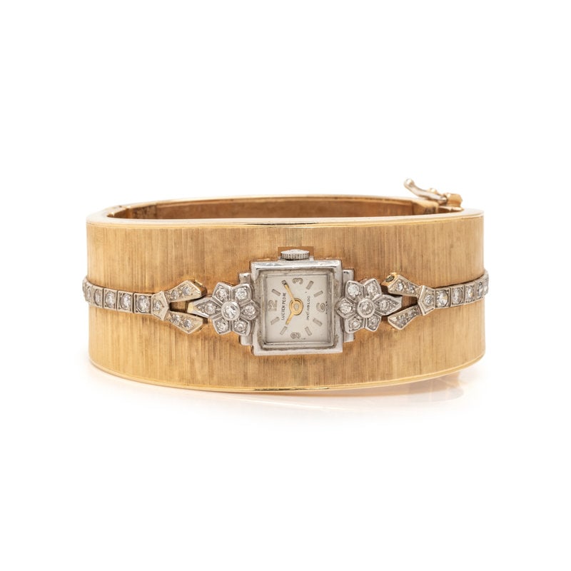 LUCIEN PEDRE, PLATINUM AND YELLOW GOLD BANGLE BRACELET WATCH (1 of 2)