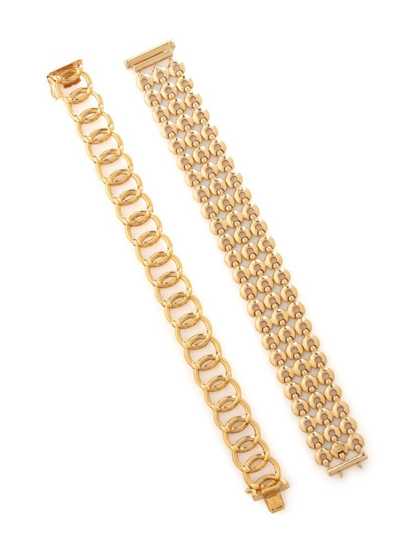 TWO YELLOW GOLD BRACELETS: TWO YELLOW GOLD BRACELETS Two fancy link bracelets measuring approximately 15.00 and 22.00 mm wide. 14 karat yellow gold. 7 1/4 and 7 1/2 inches long. Both stamped: 14K ITALY. Gross weight: 28.00