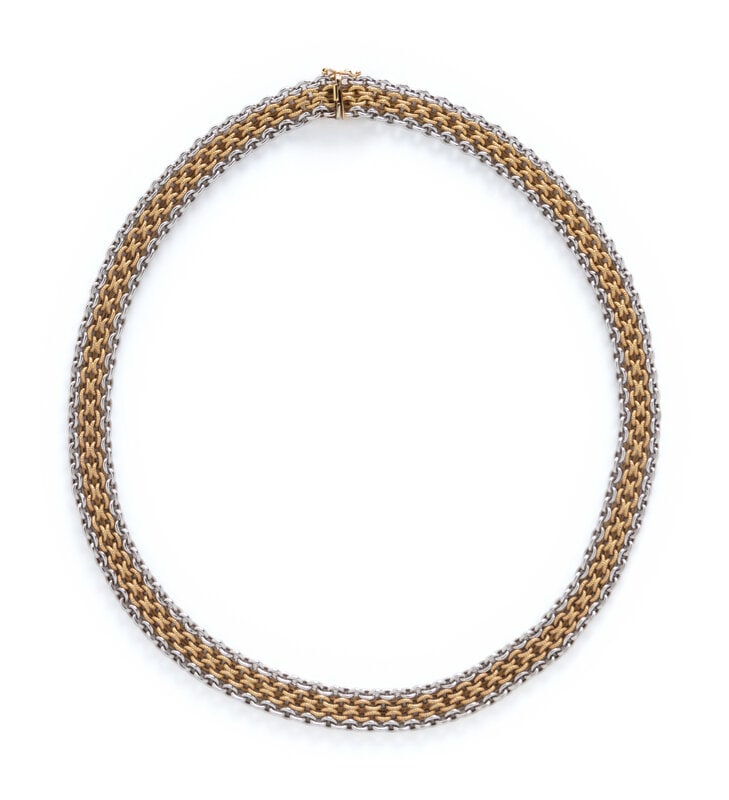 BICOLOR GOLD NECKLACE: BICOLOR GOLD NECKLACE Two central chains of textured yellow gold rolo links edged by white gold rolo link chains. 18 karat bicolor gold. 18 inches long. Stamp: HWC 750 Italy 18K. Gross weight: