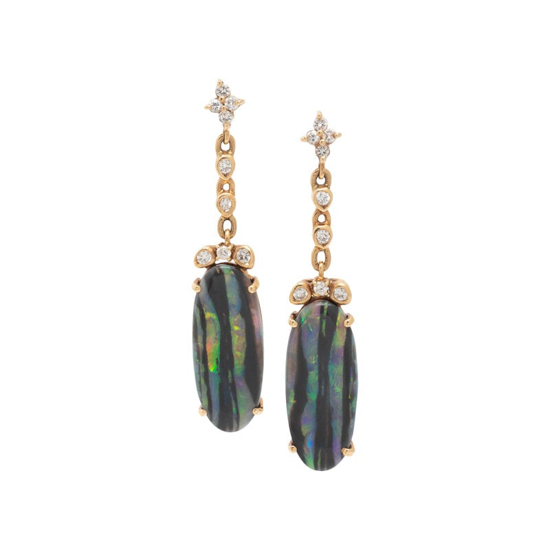BLACK OPAL AND DIAMOND EARRINGS: BLACK OPAL AND DIAMOND EARRINGS Containing black opals measuring approximately 20.00 x 8.50 x 3.00 mm and round brilliant cut diamonds. 14 karat yellow gold. 1 1/2 inches long. Gross weight: 3.10 dwt.