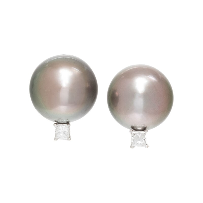 CULTURED TAHITIAN PEARL AND DIAMOND EARCLIPS: CULTURED TAHITIAN PEARL AND DIAMOND EARCLIPS Cultured Tahitian pearls measuring approximately 13.00 mm and princess cut diamonds, posts with clip backs. 18 karat white gold. 5/8 inch long. Stamp: 75