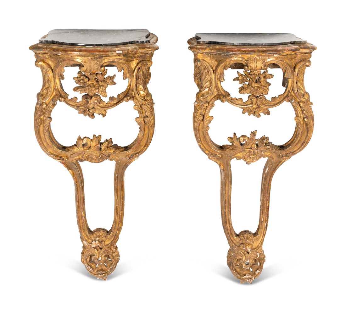 A Pair of Louis XV Style Giltwood Marble-Top Console Tables: A Pair of Louis XV Style Giltwood Marble-Top Console Tables 19th Century Height 34 x width 16 x depth 13 inches. Property from a Private Collection, Chicago, Illinois