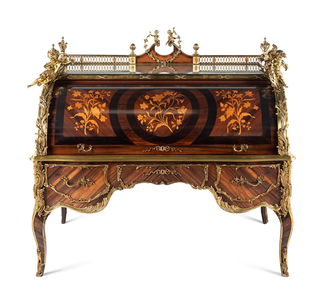 A Louis XV Style Gilt Bronze Mounted Marquetry Bureau à Cylindre (1 of 11)