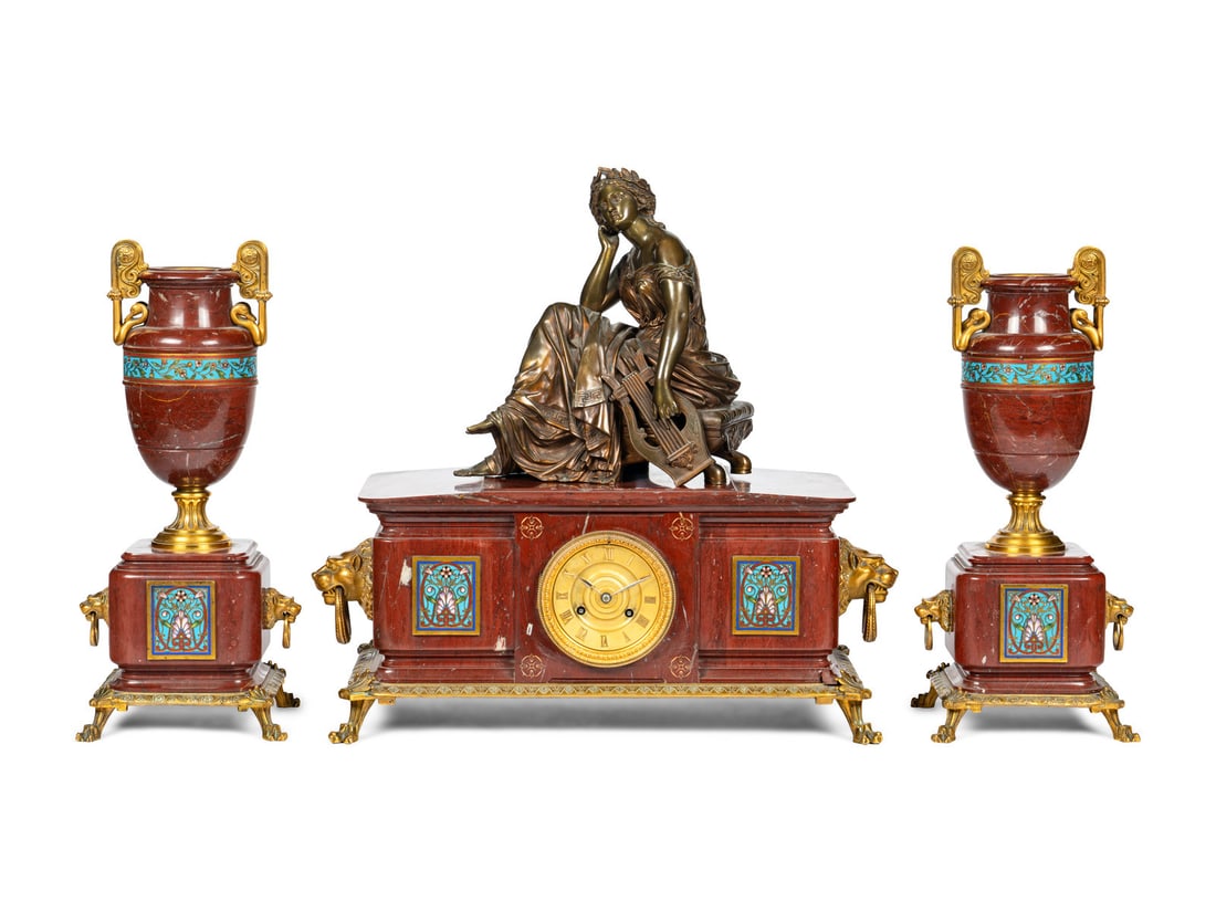 A French Bronze, Marble and Champlevé Clock Garniture (1 of 4)