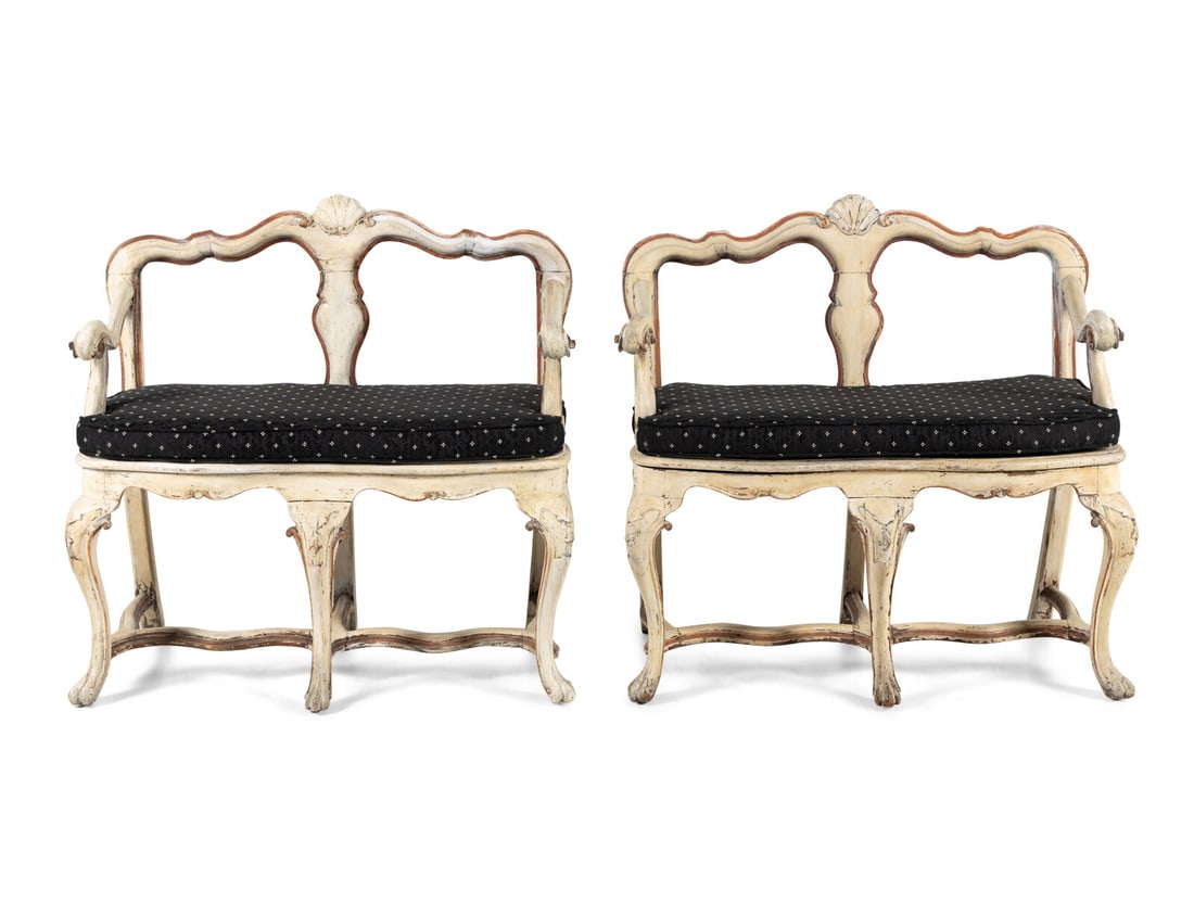 A Pair of Italian White Painted Settees: A Pair of Italian White Painted Settees Early 20th Century Height 33 1/2 x width 35 x depth 20 inches. Property from a Private Collection, Chicago, Illinois