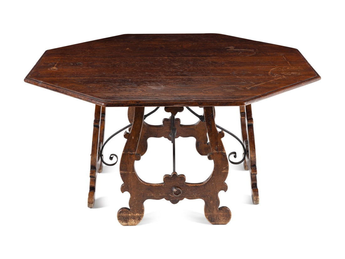 An Italian Marquetry Trestle Table: An Italian Marquetry Trestle Table 20th Century Height 31 1/4 x width 62 1/2 x depth 62 1/2 inches. Property from a Private Collection, Little Rock, Arkansas